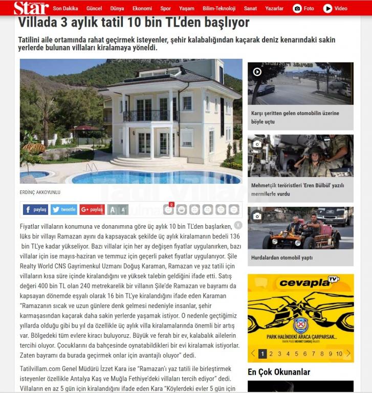 TatilVillam Star gazetesi ekonomi köşesinde